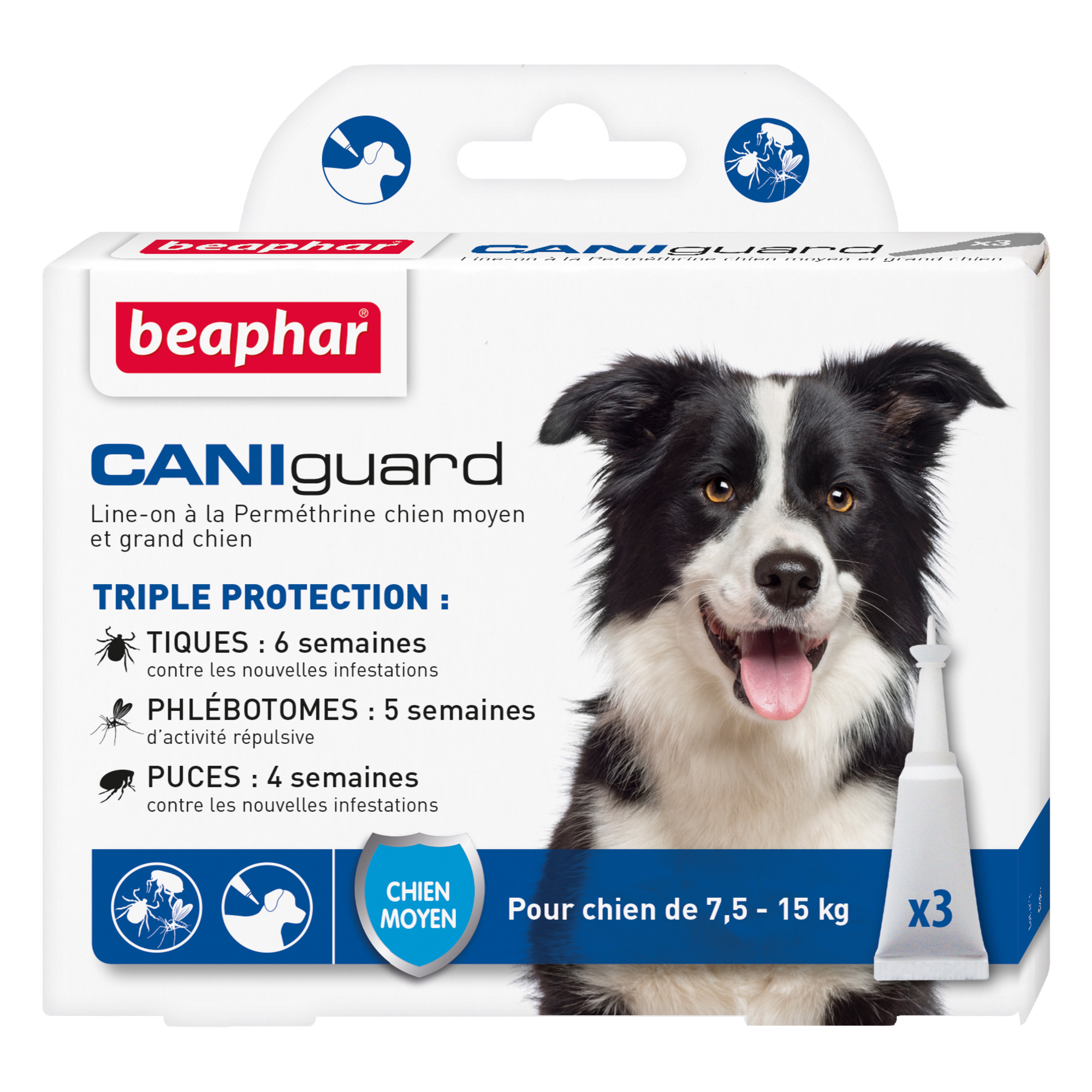 CANIGUARD, Line-on à la Perméthrine chien moyen et grand chien (7,5-15kg) Tiques, phlébotomes et puces – 3 x 4ml